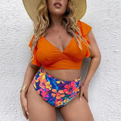 Bikini Plus Size de Manga con Volado y Cintura Alta Ref: 0657
