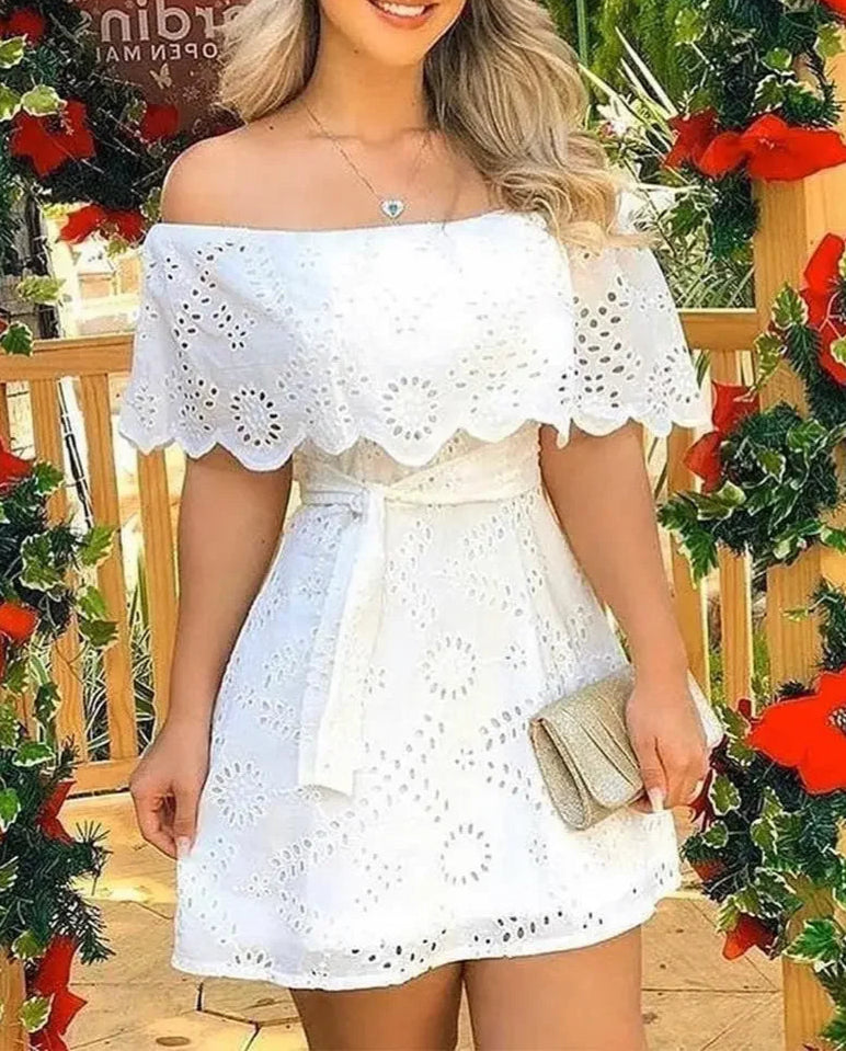 Vestido Off Shoulder en Broderie con Cintura Ajustable Ref: 0268