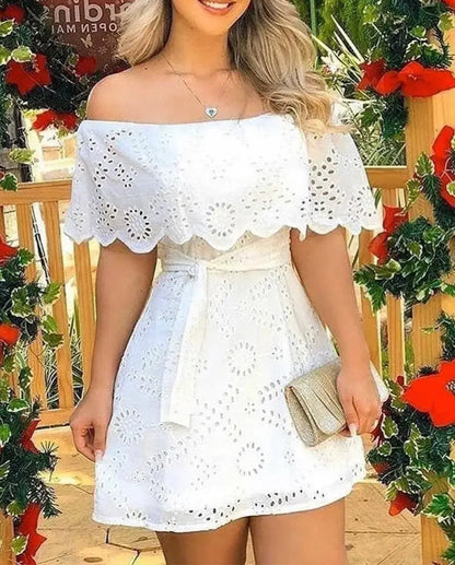 Vestido Off Shoulder en Broderie con Cintura Ajustable Ref: 0268