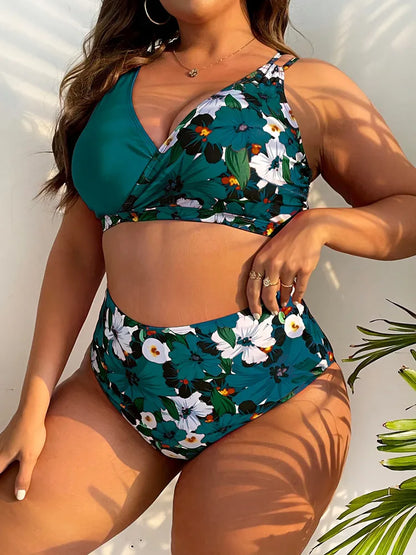 Bikini Plus Size de Cintura Alta con Tirantes Dobles y Estampa Floral Ref: 0652