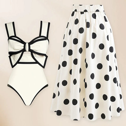Conjunto de Enteriza con Lazo Frontal y Falda Midi de Lunares Ref: 0565