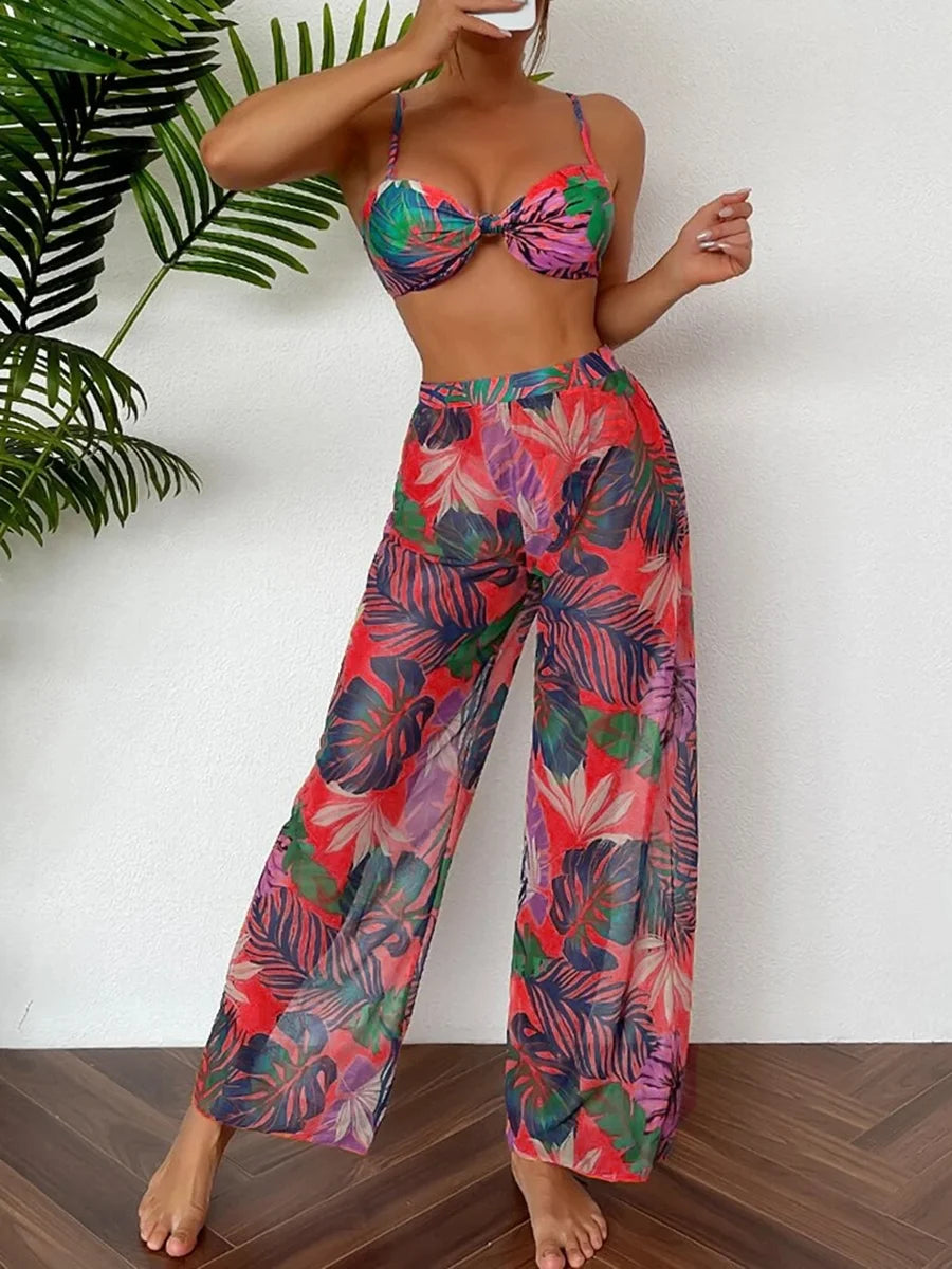 Conjunto de Bikini con Tirantes Finos y Pantalón Estampado Ref: 0553