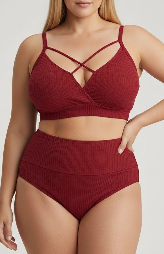 Bikini Plus Size Canalé con Cintura Alta y Tiras Cruzadas Frontales Ref. 0705 - Marea Bella Swimwear