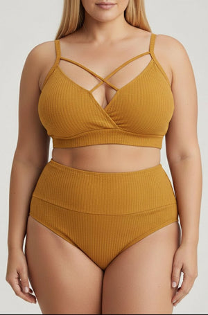 Bikini Plus Size Canalé con Cintura Alta y Tiras Cruzadas Frontales Ref. 0705 - Marea Bella Swimwear