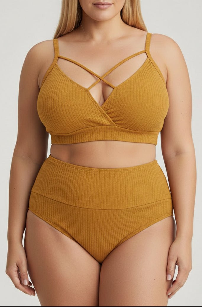 Bikini Plus Size Canalé con Cintura Alta y Tiras Cruzadas Frontales Ref. 0705 - Marea Bella Swimwear
