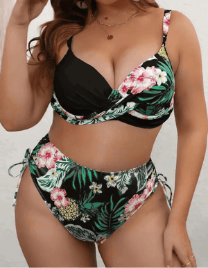 Bikini Plus Size Estampado Tropical con Superposición Cruzada Ref. 0654 - Marea Bella Swimwear