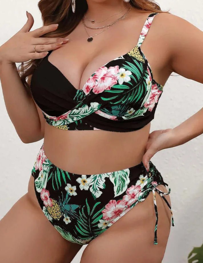 Bikini Plus Size Estampado Tropical con Superposición Cruzada Ref. 0654 - Marea Bella Swimwear