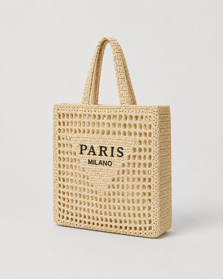 Bolso Tote Rectangular con Panel Tejido e Inscripción Frontal Ref. 0824 - Marea Bella Swimwear