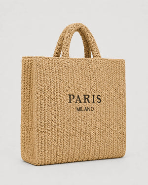 Bolso Tote Rectangular con Panel Tejido e Inscripción Frontal Ref. 0824 - Marea Bella Swimwear