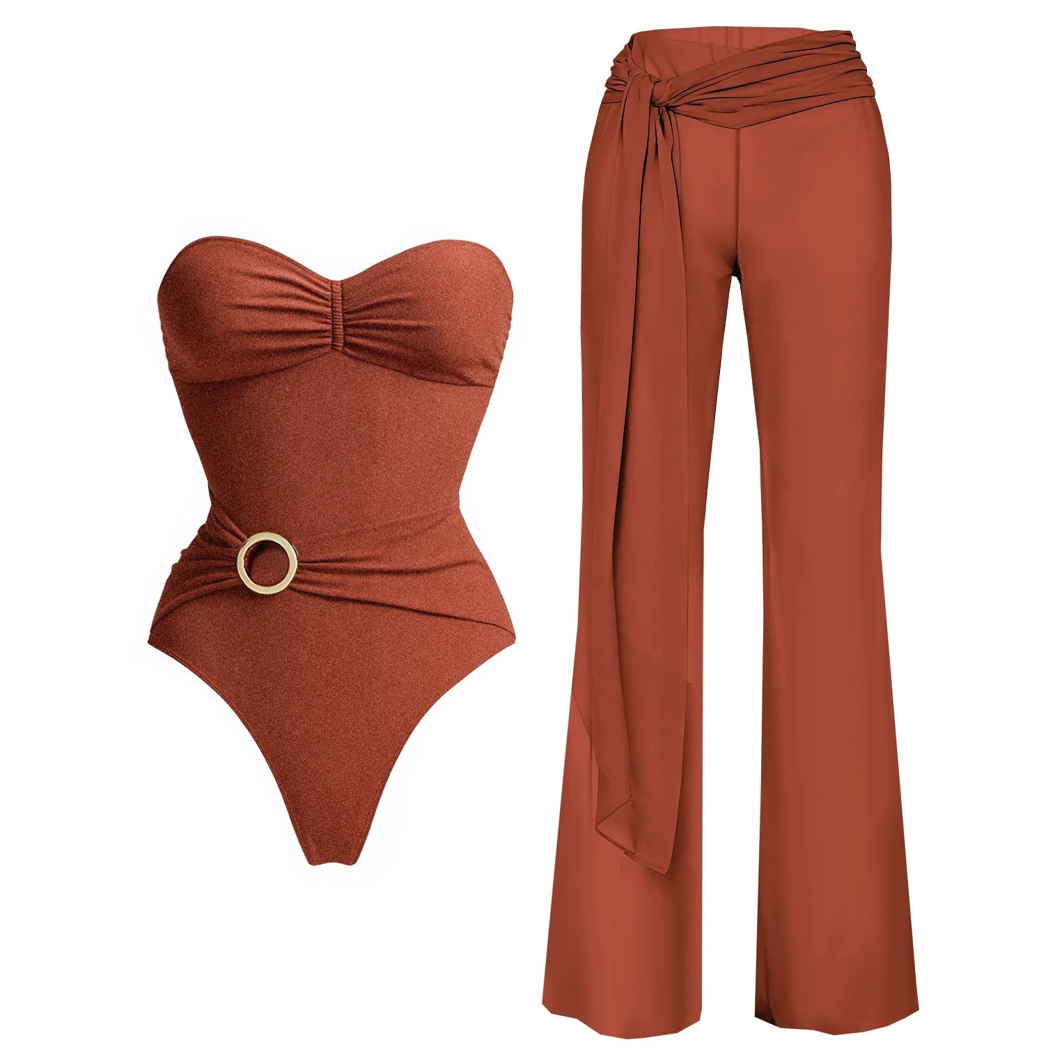 Conjunto con Adorno en Argolla y Pantalón Palazzo Cruzado Ref. 0595 - Marea Bella Swimwear