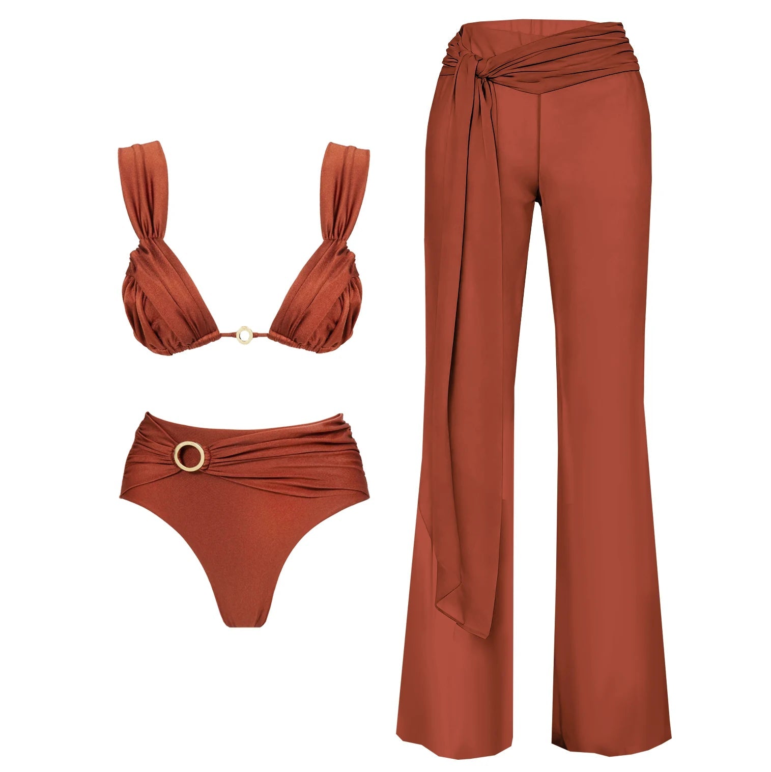Conjunto con Adorno en Argolla y Pantalón Palazzo Cruzado Ref. 0595 - Marea Bella Swimwear