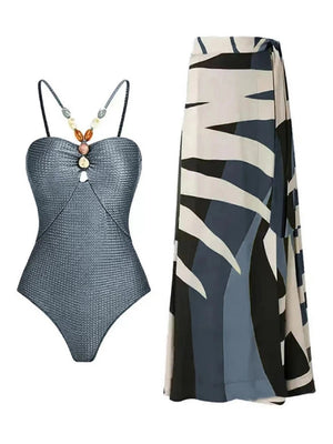Conjunto con Enteriza Texturizada y Falda Estampada Ref. 0345 - Marea Bella Swimwear