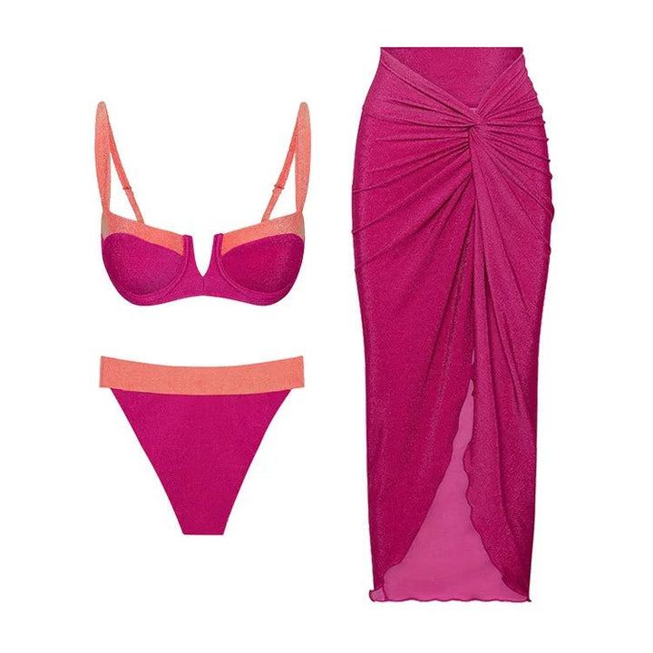 Conjunto de Bikini Acetinado con Escote en V y Pareo con Drapeado Ref. 0575 - Marea Bella Swimwear