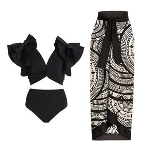 Conjunto de Bikini con Top de Manga con Volado y Pareo Estampado Ref. 0572 - Marea Bella Swimwear