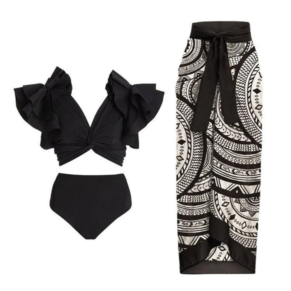 Conjunto de Bikini con Top de Manga con Volado y Pareo Estampado Ref. 0572 - Marea Bella Swimwear