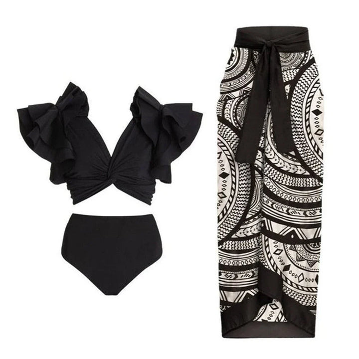 Conjunto de Bikini con Top de Manga con Volado y Pareo Estampado Ref. 0572 - Marea Bella Swimwear