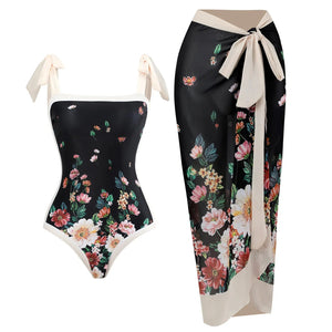 Conjunto de Enteriza con Detalle de Lazo en los Breteles y Pareo Floral Ref. 0585 - Marea Bella Swimwear