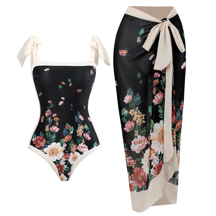 Conjunto de Enteriza con Detalle de Lazo en los Breteles y Pareo Floral Ref. 0585 - Marea Bella Swimwear