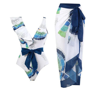 Conjunto de Enteriza con Lazo Frontal y Pareo Estampado Ref. 0579 - Marea Bella Swimwear