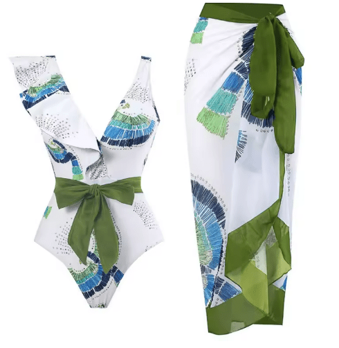Conjunto de Enteriza con Lazo Frontal y Pareo Estampado Ref. 0579 - Marea Bella Swimwear