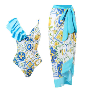 Conjunto de Enteriza con Volado y Pareo Estampado Ref. 0580 - Marea Bella Swimwear