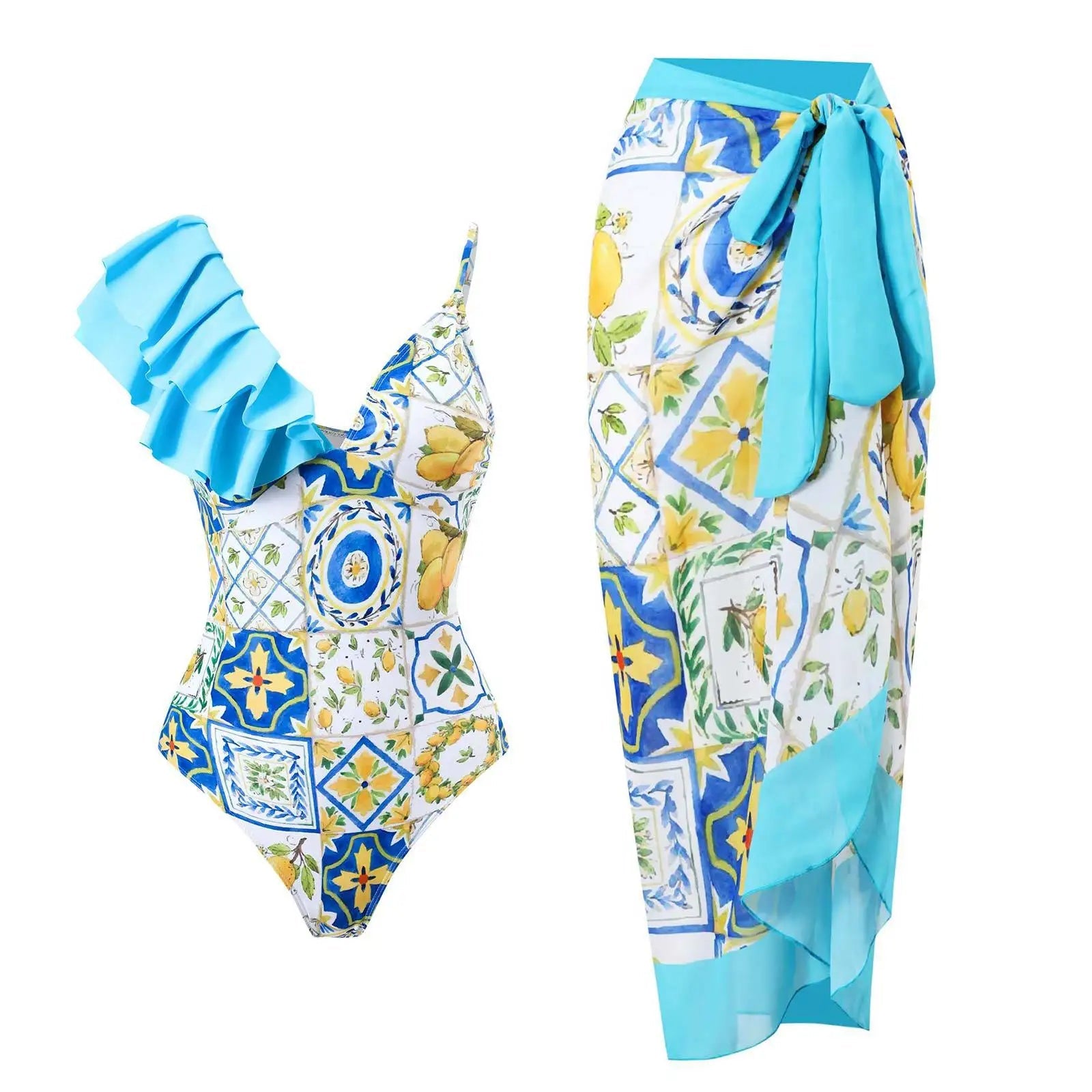 Conjunto de Enteriza con Volado y Pareo Estampado Ref. 0580 - Marea Bella Swimwear