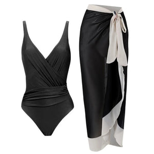 Conjunto de Enteriza Cruzada y Falda Bicolor con Lazo Ref. 0567 - Marea Bella Swimwear
