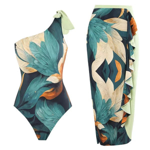 Conjunto de Enteriza de Un Hombro con Pareo Estampado Ref. 0574 - Marea Bella Swimwear