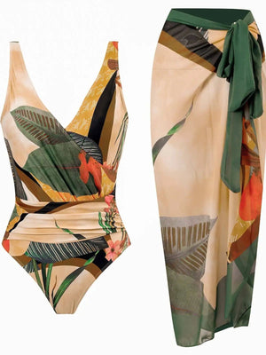 Conjunto de Enteriza Drapeada y Falda Estampada Tropical Ref. 0568 - Marea Bella Swimwear