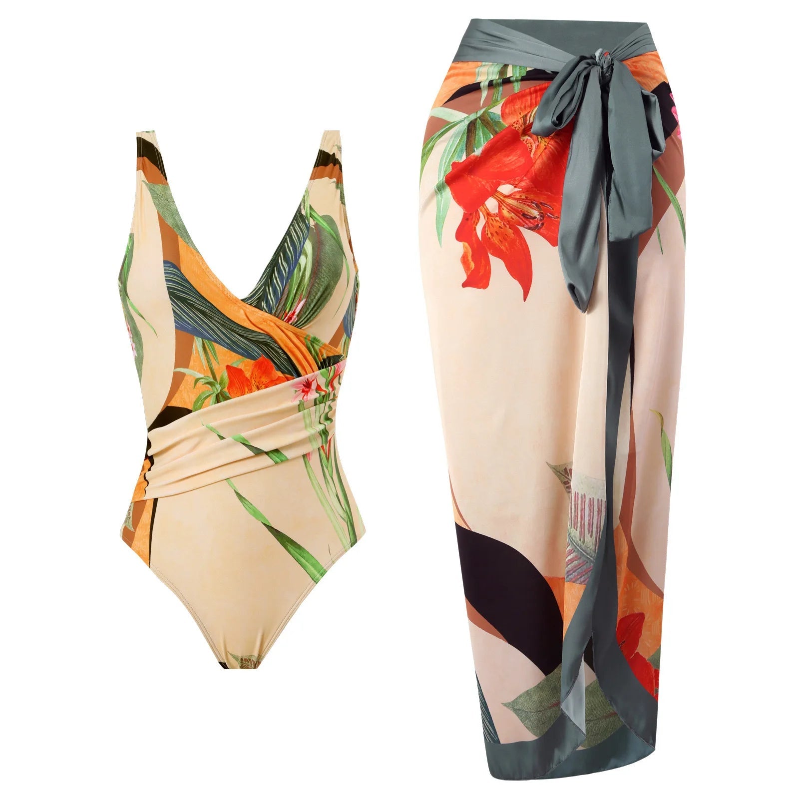 Conjunto de Enteriza Drapeada y Falda Estampada Tropical Ref. 0568 - Marea Bella Swimwear