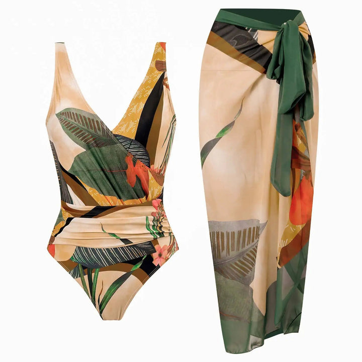 Conjunto de Enteriza Drapeada y Falda Estampada Tropical Ref. 0568 - Marea Bella Swimwear