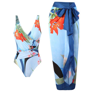 Conjunto de Enteriza Drapeada y Falda Estampada Tropical Ref. 0568 - Marea Bella Swimwear