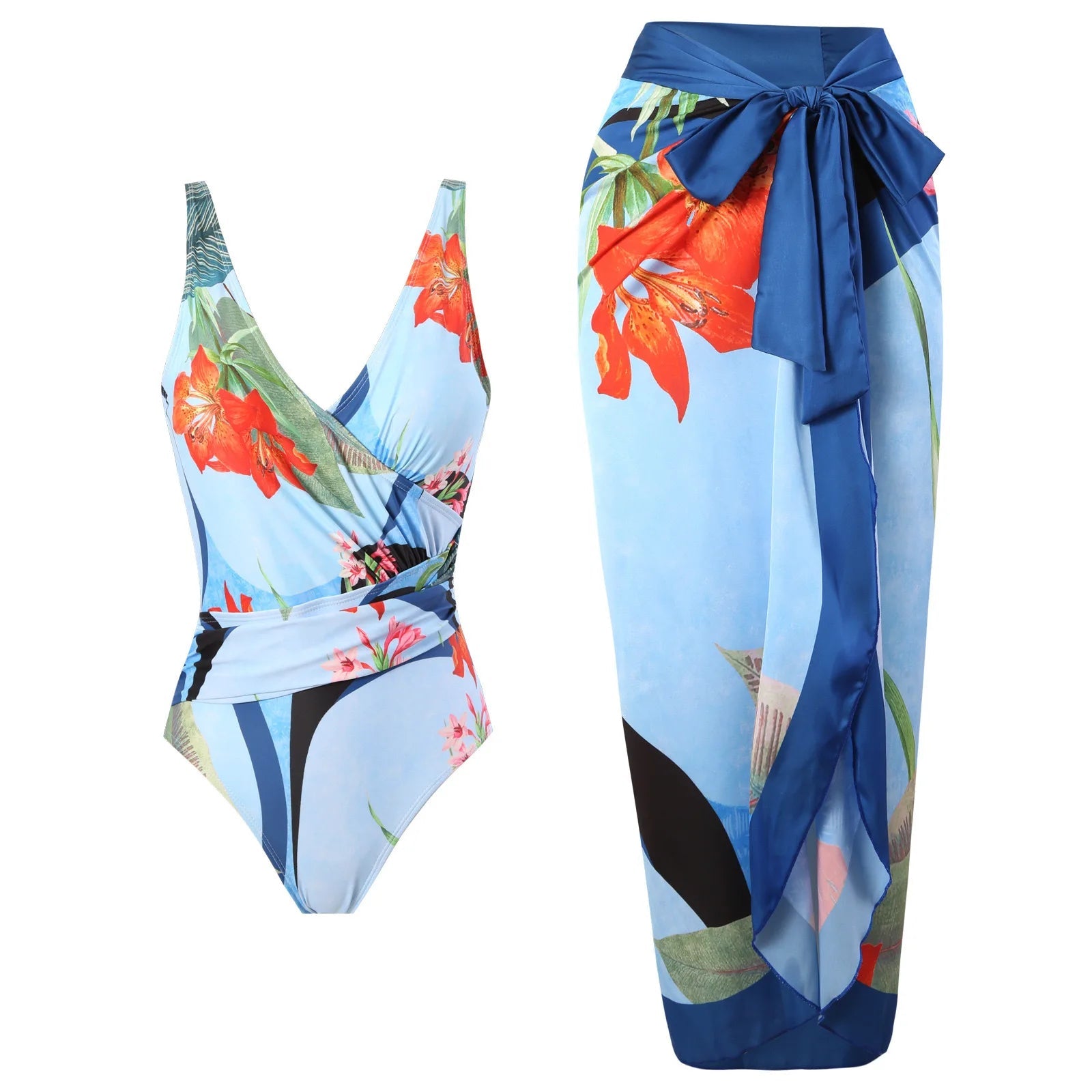 Conjunto de Enteriza Drapeada y Falda Estampada Tropical Ref. 0568 - Marea Bella Swimwear
