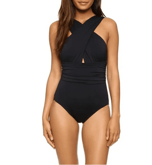 Conjunto de Enteriza Negra Lisa y Falda Pareo Estampada Ref. 0561 - Marea Bella Swimwear