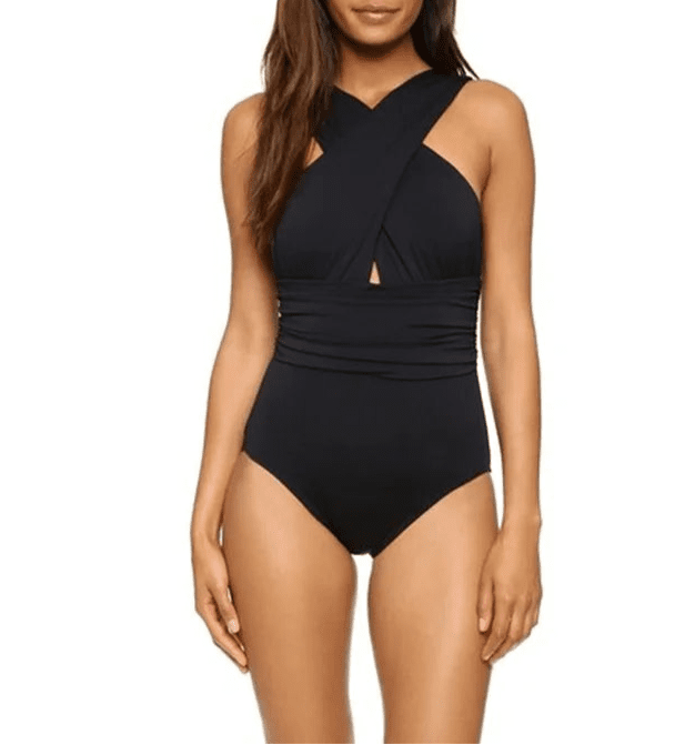 Conjunto de Enteriza Negra Lisa y Falda Pareo Estampada Ref. 0561 - Marea Bella Swimwear