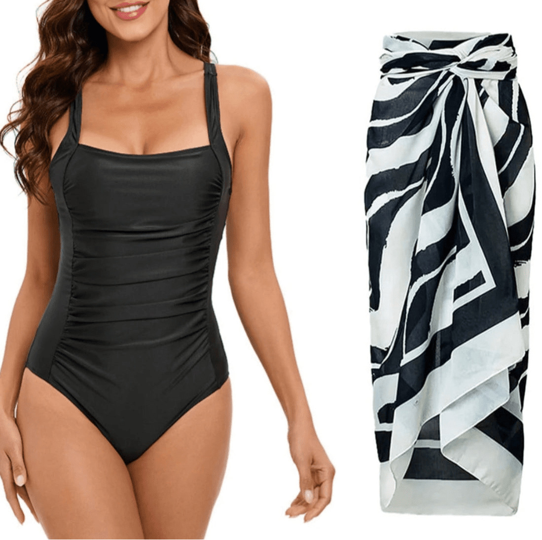 Conjunto de Enteriza Negra Lisa y Falda Pareo Estampada Ref. 0561 - Marea Bella Swimwear