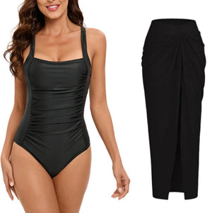 Conjunto de Enteriza Negra Lisa y Falda Pareo Estampada Ref. 0561 - Marea Bella Swimwear