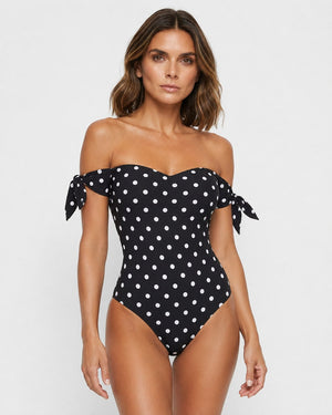 Conjunto de Enteriza Strapless con Estampa de Lunares y Falda Pareo Drapeada Ref. 0592 - Marea Bella Swimwear