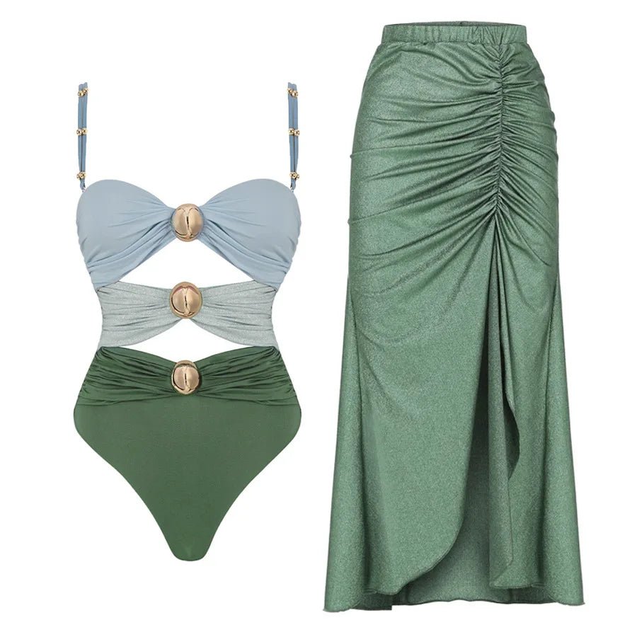 Conjunto Enteriza Bicolor con Detalle Vazado y Pollera Drapeadа Ref. 0570 - Marea Bella Swimwear