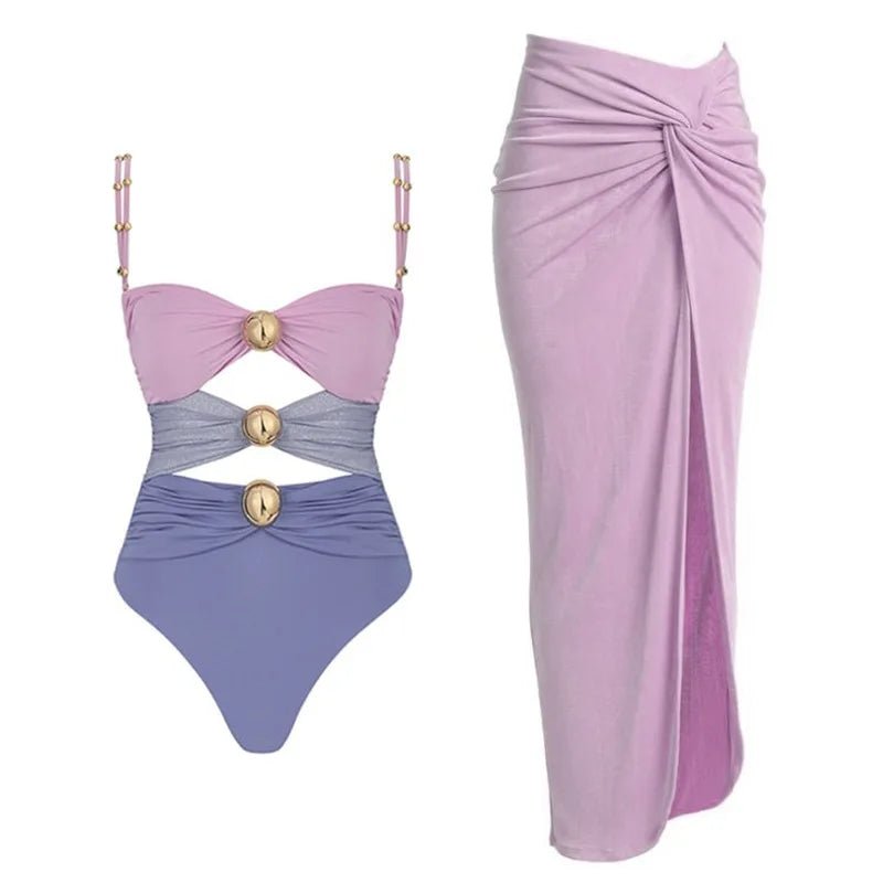 Conjunto Enteriza Bicolor con Detalle Vazado y Pollera Drapeadа Ref. 0570 - Marea Bella Swimwear