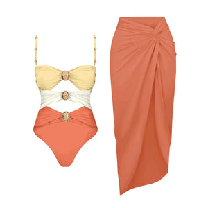 Conjunto Enteriza Bicolor con Detalle Vazado y Pollera Drapeadа Ref. 0570 - Marea Bella Swimwear