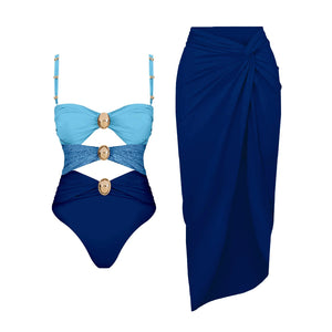 Conjunto Enteriza Bicolor con Detalle Vazado y Pollera Drapeadа Ref. 0570 - Marea Bella Swimwear