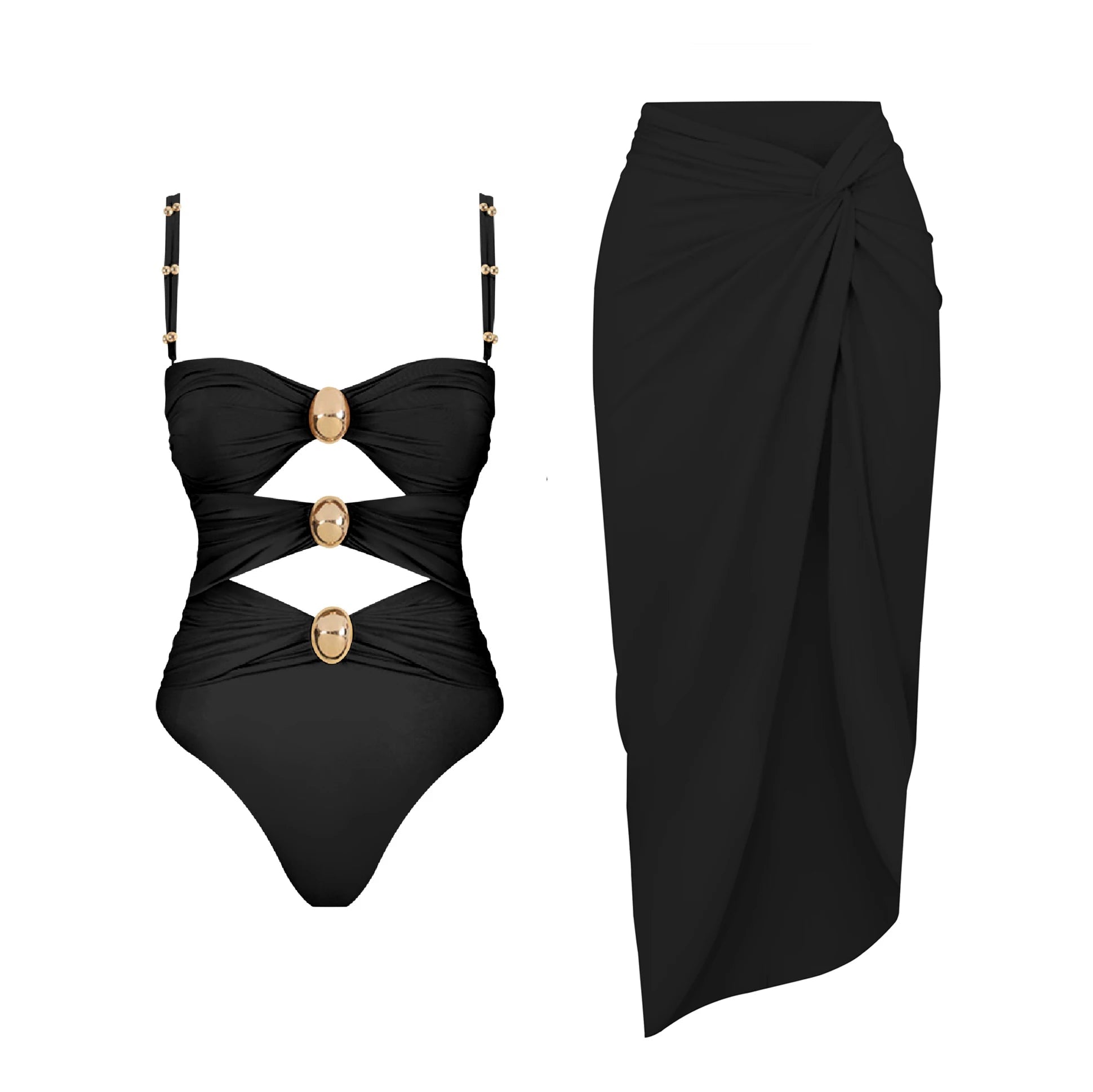 Conjunto Enteriza Bicolor con Detalle Vazado y Pollera Drapeadа Ref. 0570 - Marea Bella Swimwear