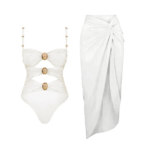 Conjunto Enteriza Bicolor con Detalle Vazado y Pollera Drapeadа Ref. 0570 - Marea Bella Swimwear