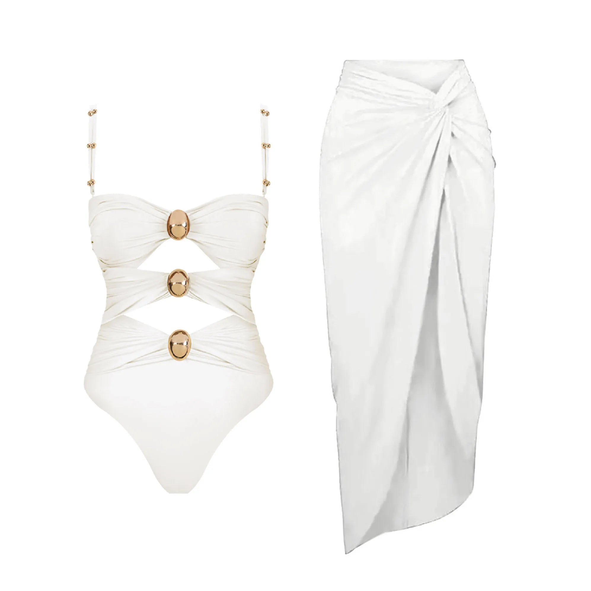 Conjunto Enteriza Bicolor con Detalle Vazado y Pollera Drapeadа Ref. 0570 - Marea Bella Swimwear