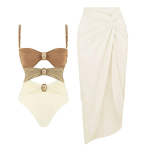 Conjunto Enteriza Bicolor con Detalle Vazado y Pollera Drapeadа Ref. 0570 - Marea Bella Swimwear