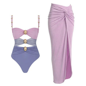 Conjunto Enteriza Bicolor con Detalle Vazado y Pollera Drapeadа Ref. 0570 - Marea Bella Swimwear