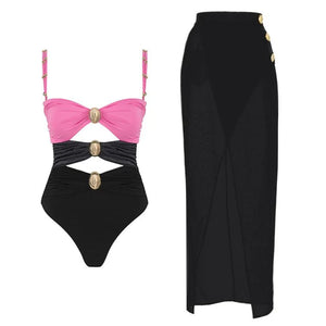 Conjunto Enteriza Bicolor con Detalle Vazado y Pollera Drapeadа Ref. 0570 - Marea Bella Swimwear