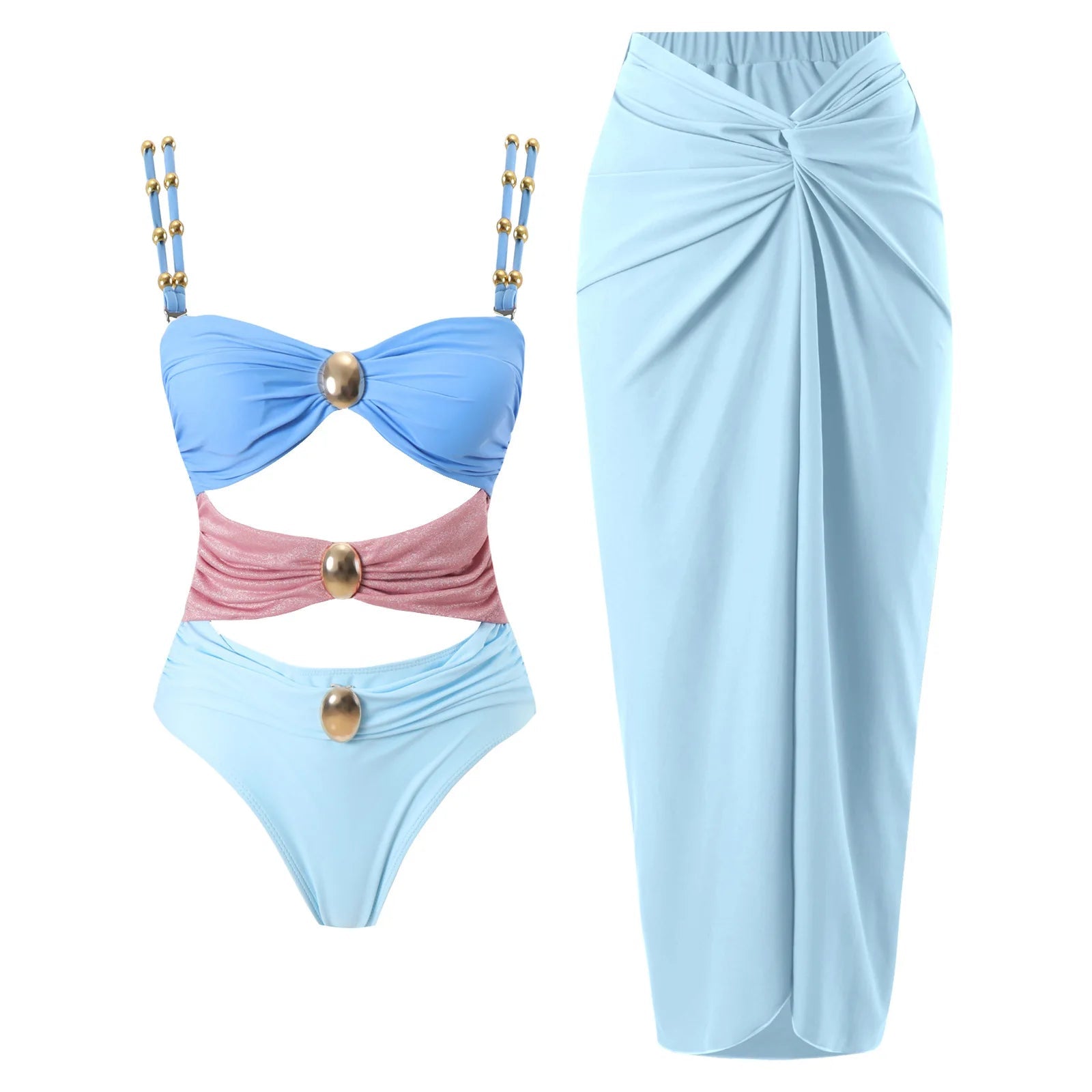 Conjunto Enteriza Bicolor con Detalle Vazado y Pollera Drapeadа Ref. 0570 - Marea Bella Swimwear