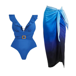 Conjunto Enteriza Escote V con Cinturón y Falda Pareo Drapeado Ref. 0593 - Marea Bella Swimwear